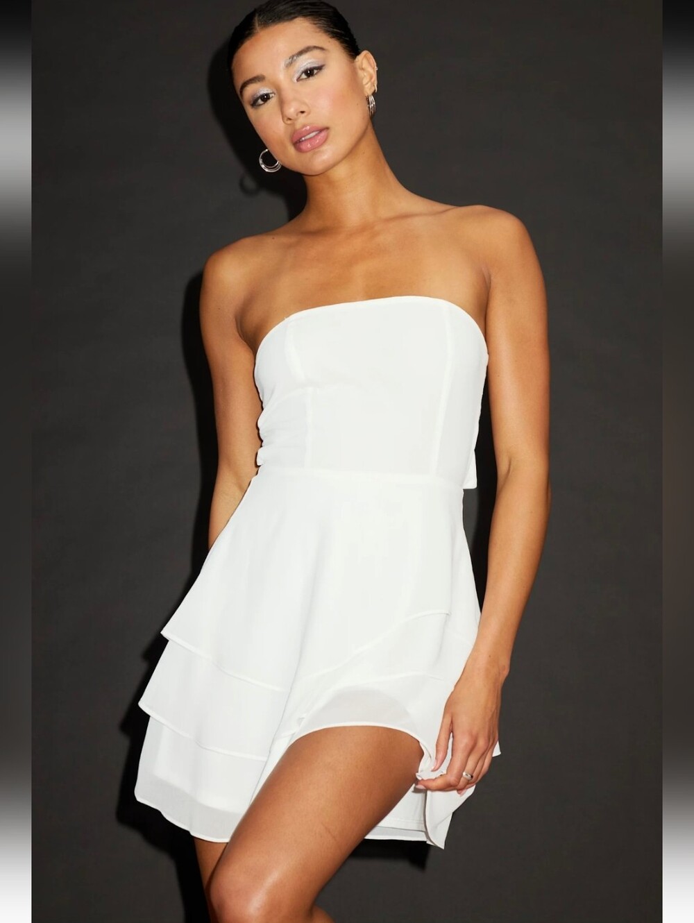 Suvi White Strapless Tiered Asymmetrical Mini Dress